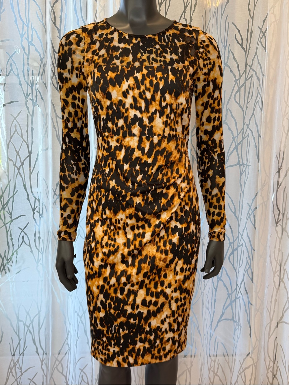 Karen Millen Leopard Print Draped Bodycon Midi Dress Women’s Size 8 Mobwife NWT